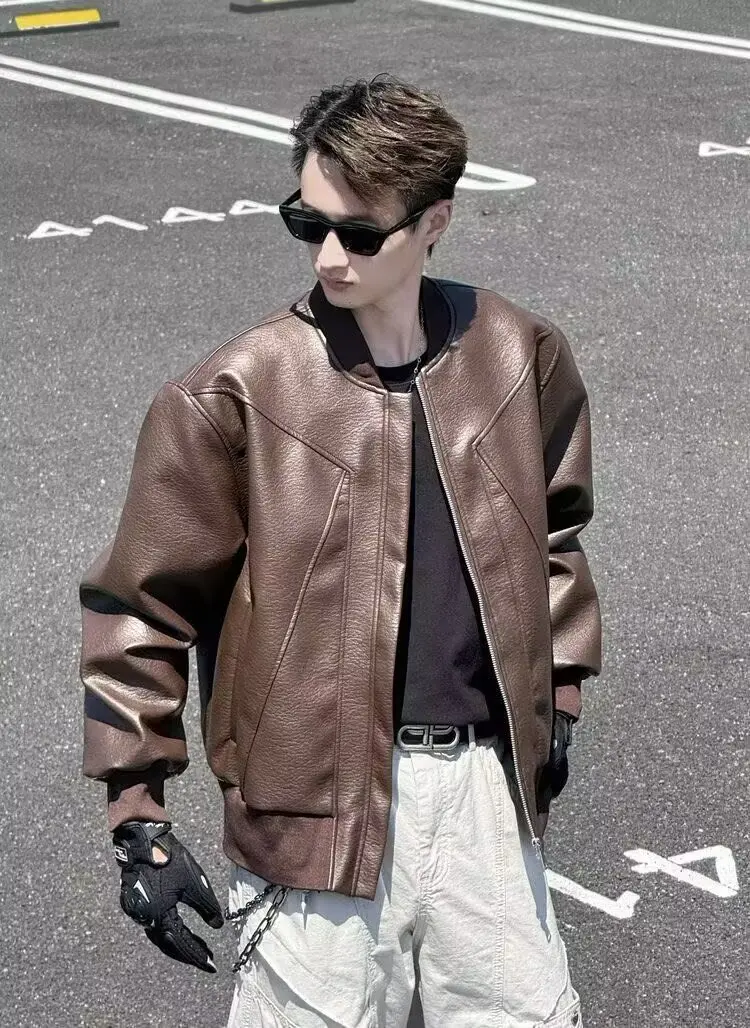 Retro Brown PU Leather Versatile Casual Jackets Stand Collar Leather 2025 Men's Cool Motorcycle Leather Early Autumn Coat