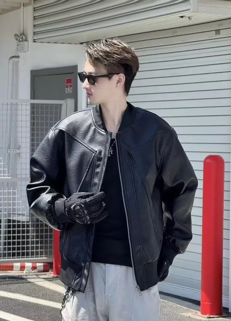 Retro Brown PU Leather Versatile Casual Jackets Stand Collar Leather 2025 Men's Cool Motorcycle Leather Early Autumn Coat thumbnail 4