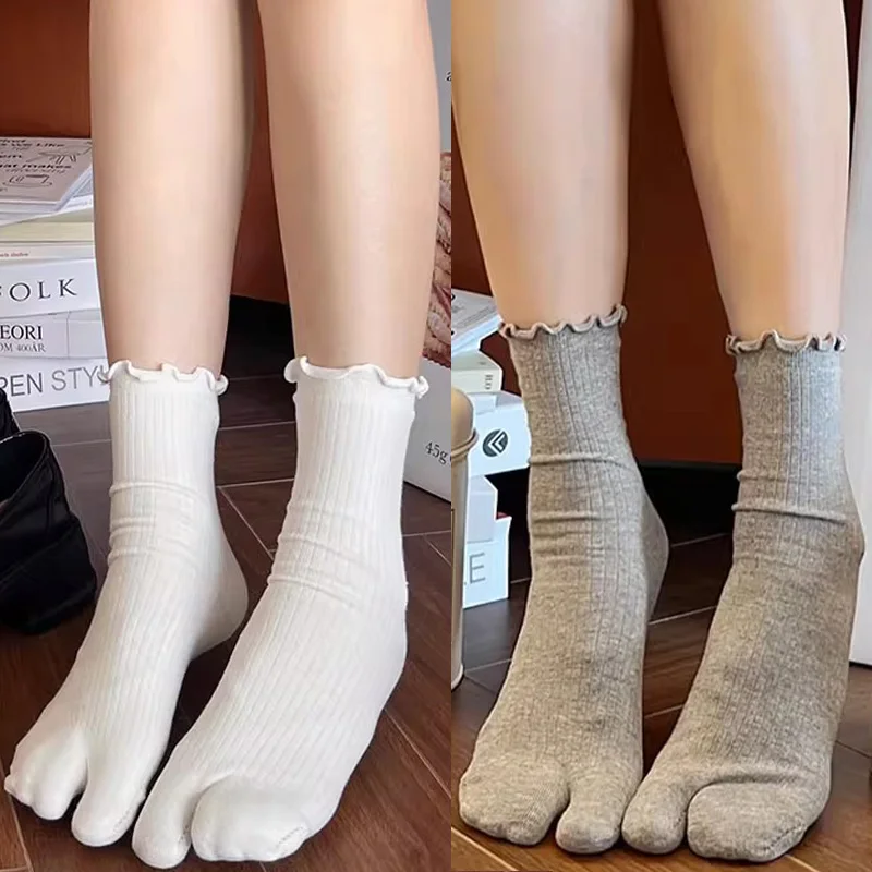 Japanese Ruffled Edge Cotton Split Toe Socks Solid Color Two-Toed Sock Unisex Harajuku Simple Tabi Socks High Elastic Hosiery thumbnail 3