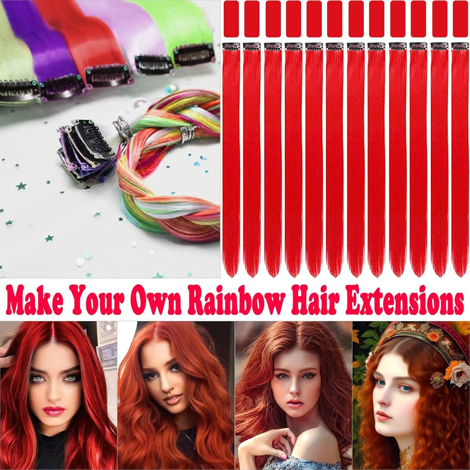 6/12 PCS Hair Extensions Clip, 22in Colored Hair Extensions Party Highlights Long Straight Synthetic Hairpieces for Girls Cospla thumbnail 2