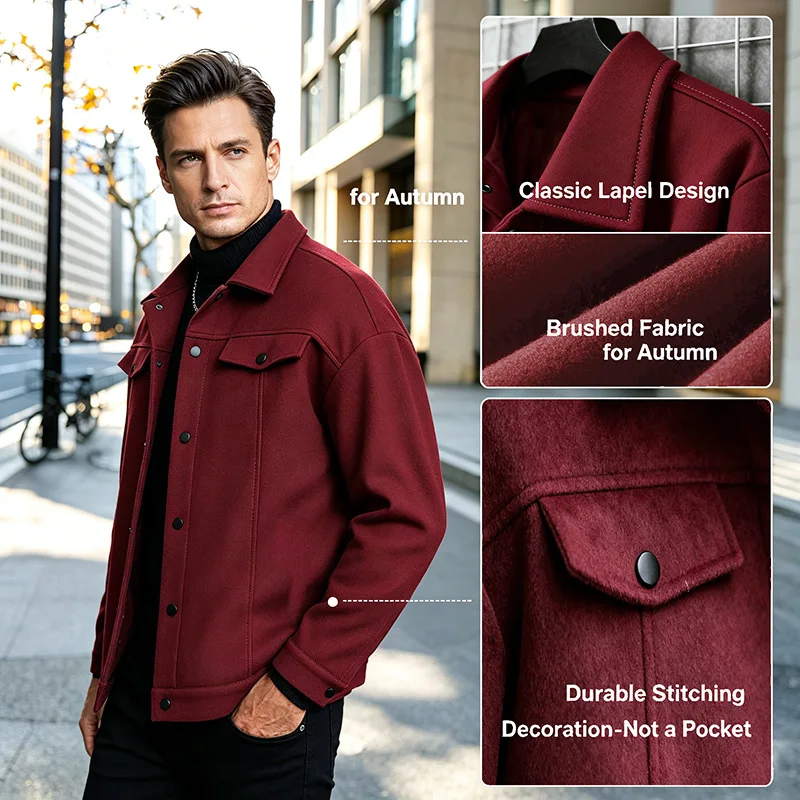 Men's autumn and winter collar wool short jacket, business casual cardigan, chest pocket cover decoration fashionable plus size thumbnail 5