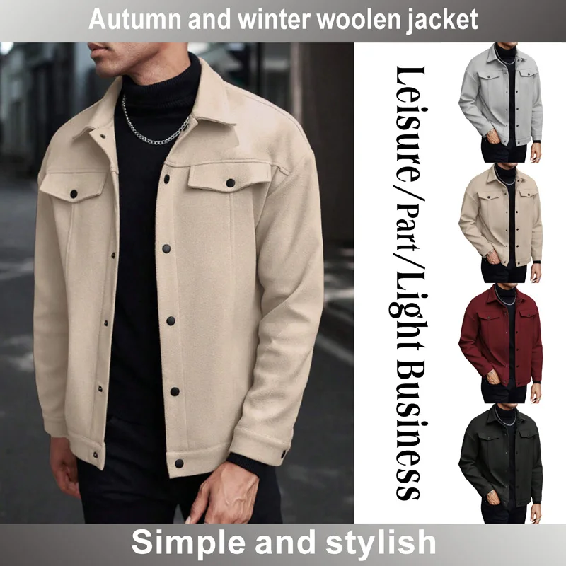 Men's autumn and winter collar wool short jacket, business casual cardigan, chest pocket cover decoration fashionable plus size thumbnail 6