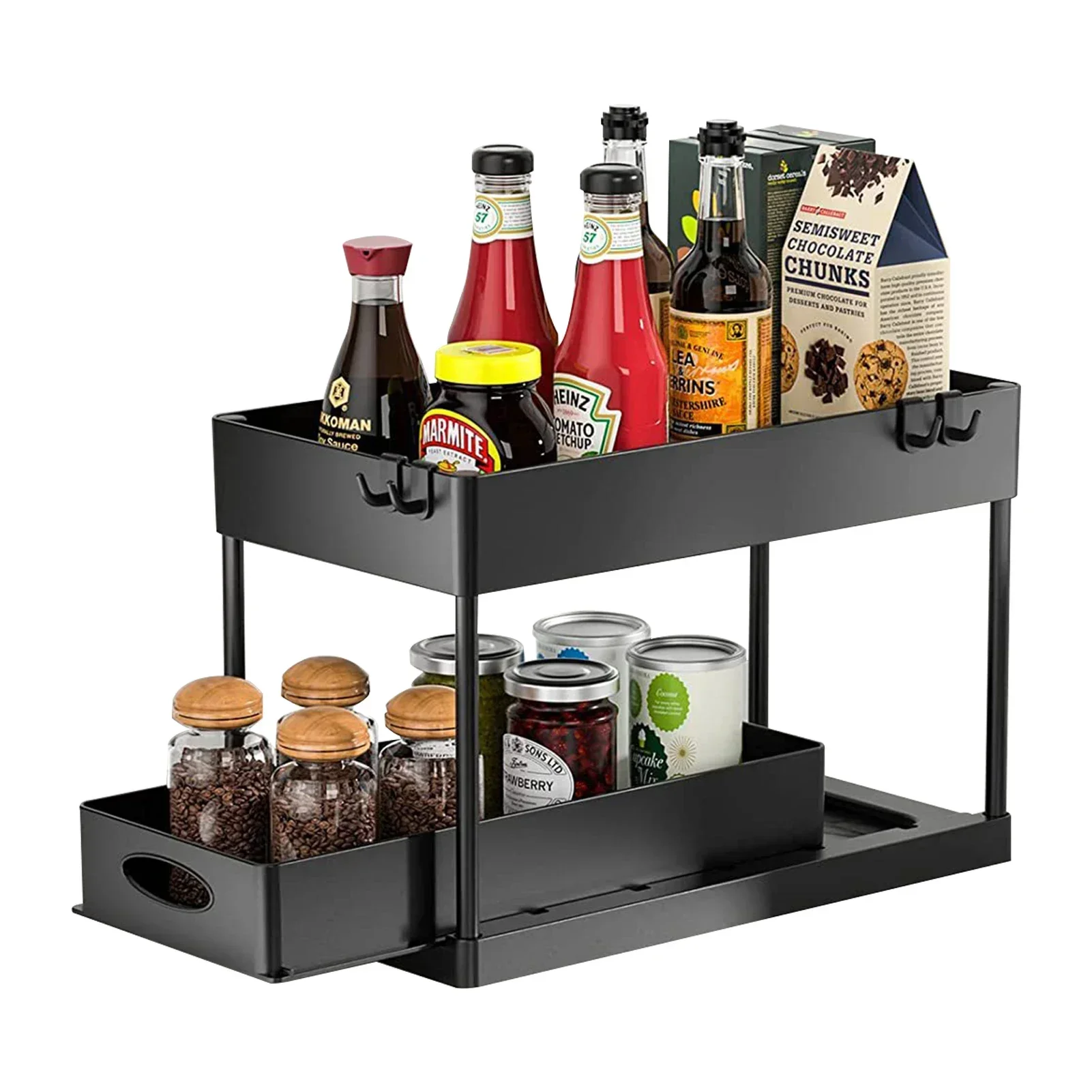 Multifunctional Storage Rack 2 Tier Under Sink Sliding Cabinet Basket Organizer Storage Rack with Hooks Hanging Cup Bathroom thumbnail 5