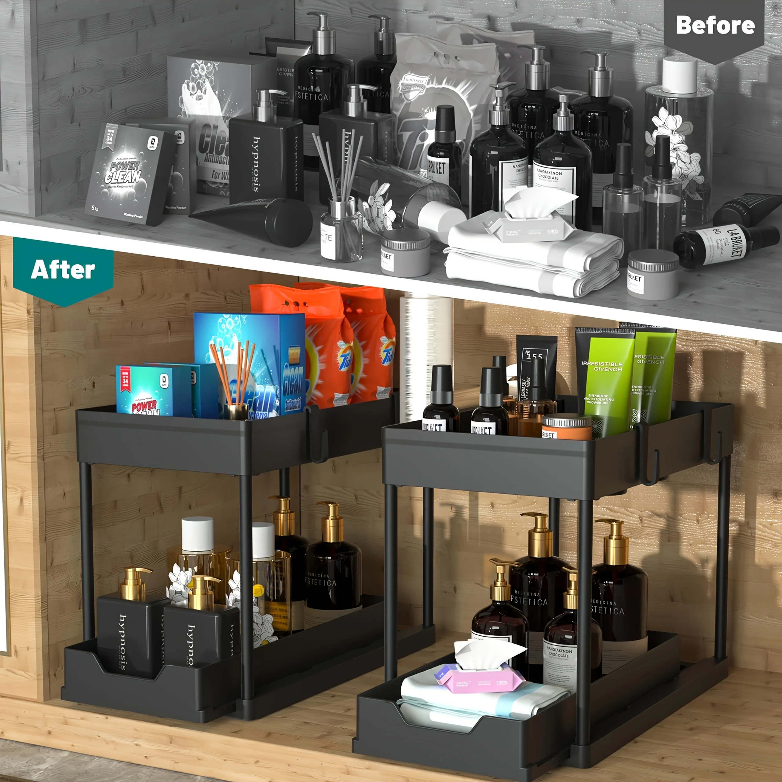Multifunctional Storage Rack 2 Tier Under Sink Sliding Cabinet Basket Organizer Storage Rack with Hooks Hanging Cup Bathroom thumbnail 4