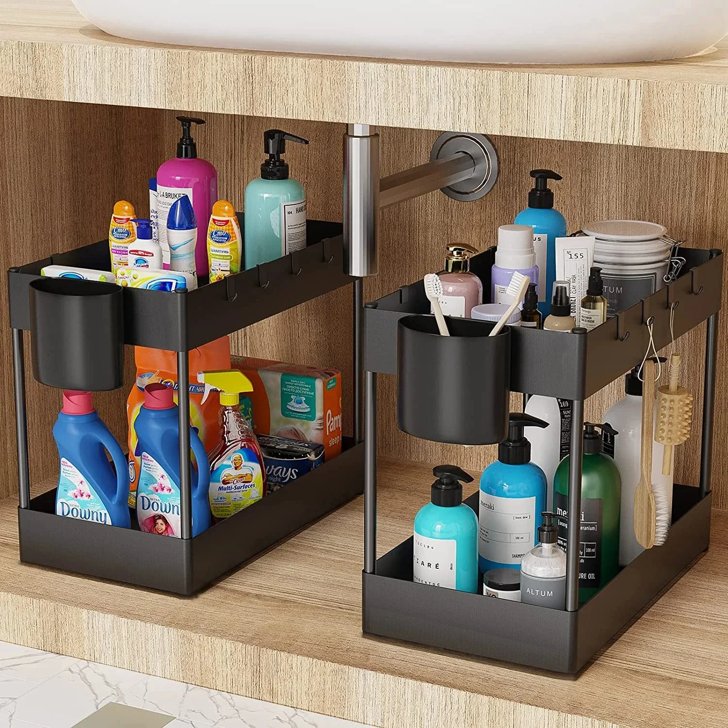Multifunctional Storage Rack 2 Tier Under Sink Sliding Cabinet Basket Organizer Storage Rack with Hooks Hanging Cup Bathroom thumbnail 2