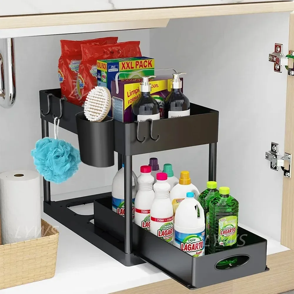 Multifunctional Storage Rack 2 Tier Under Sink Sliding Cabinet Basket Organizer Storage Rack with Hooks Hanging Cup Bathroom thumbnail 3