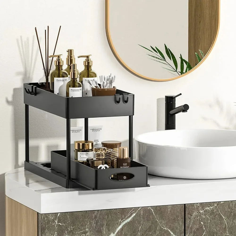 Multifunctional Storage Rack 2 Tier Under Sink Sliding Cabinet Basket Organizer Storage Rack with Hooks Hanging Cup Bathroom thumbnail 6