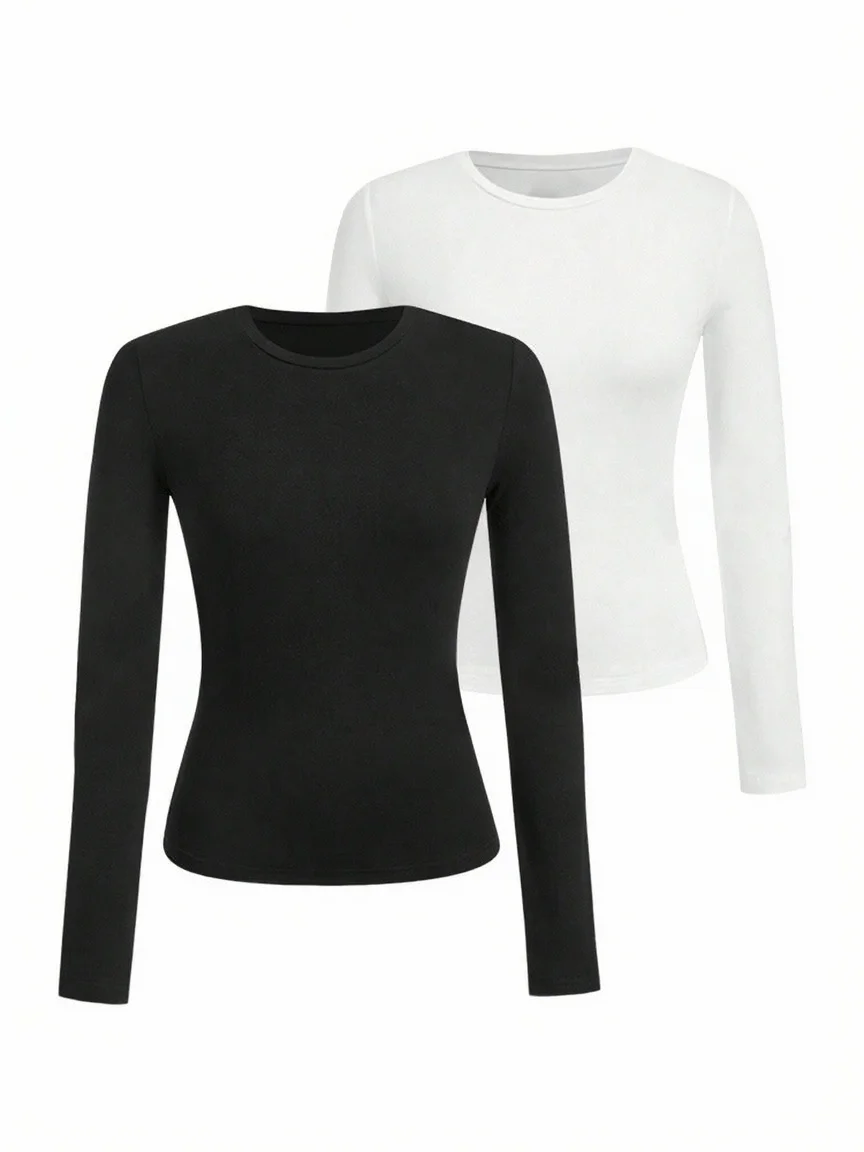 Women's solid-color long-sleeved T-shirt - Polyester knitted fabric, round neck, regular fit, fall-winter style thumbnail 4