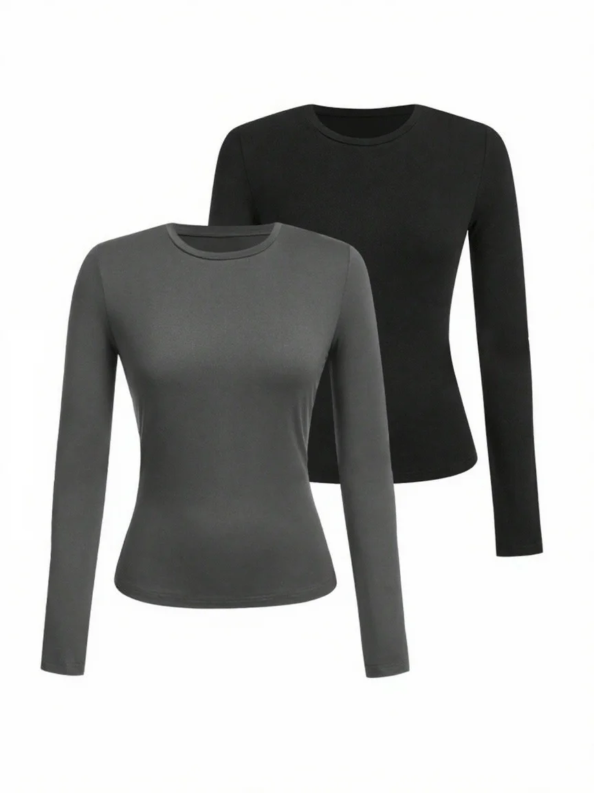 Women's solid-color long-sleeved T-shirt - Polyester knitted fabric, round neck, regular fit, fall-winter style thumbnail 5