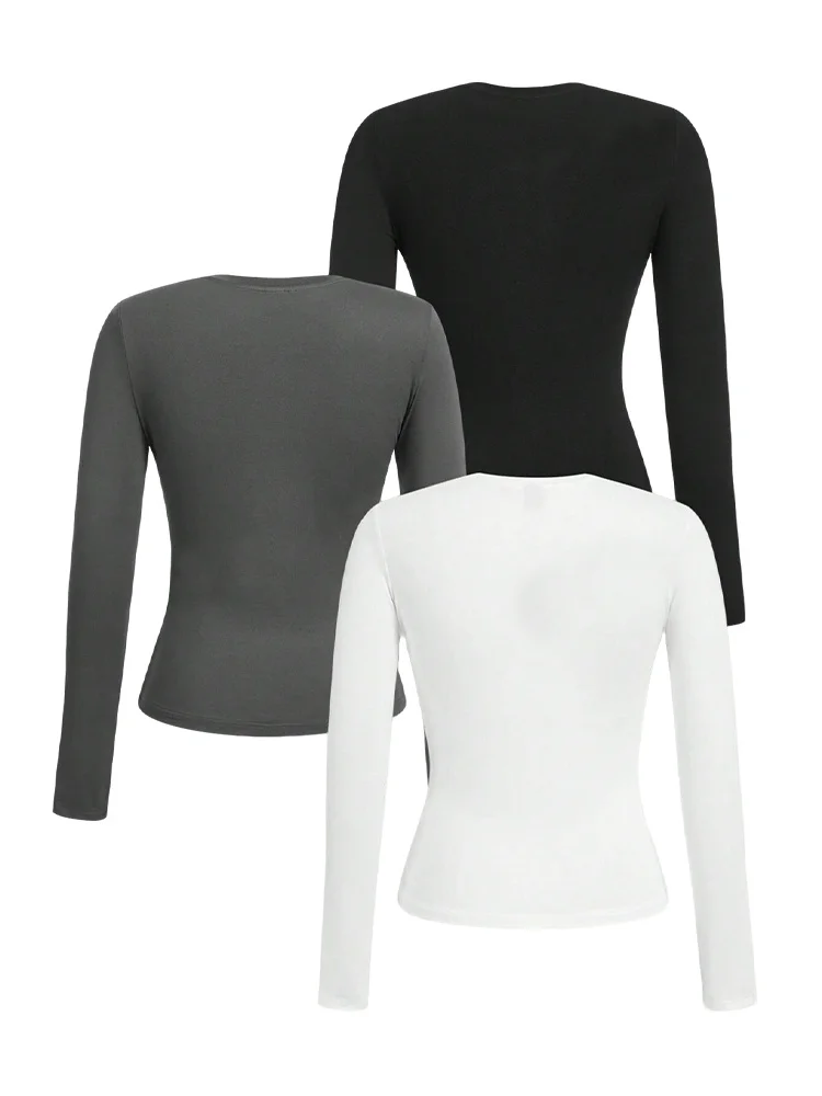 Women's solid-color long-sleeved T-shirt - Polyester knitted fabric, round neck, regular fit, fall-winter style thumbnail 2