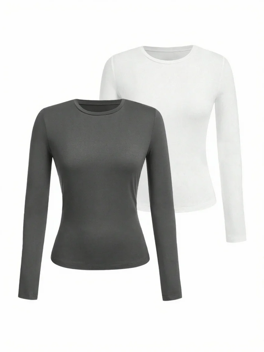 Women's solid-color long-sleeved T-shirt - Polyester knitted fabric, round neck, regular fit, fall-winter style thumbnail 6