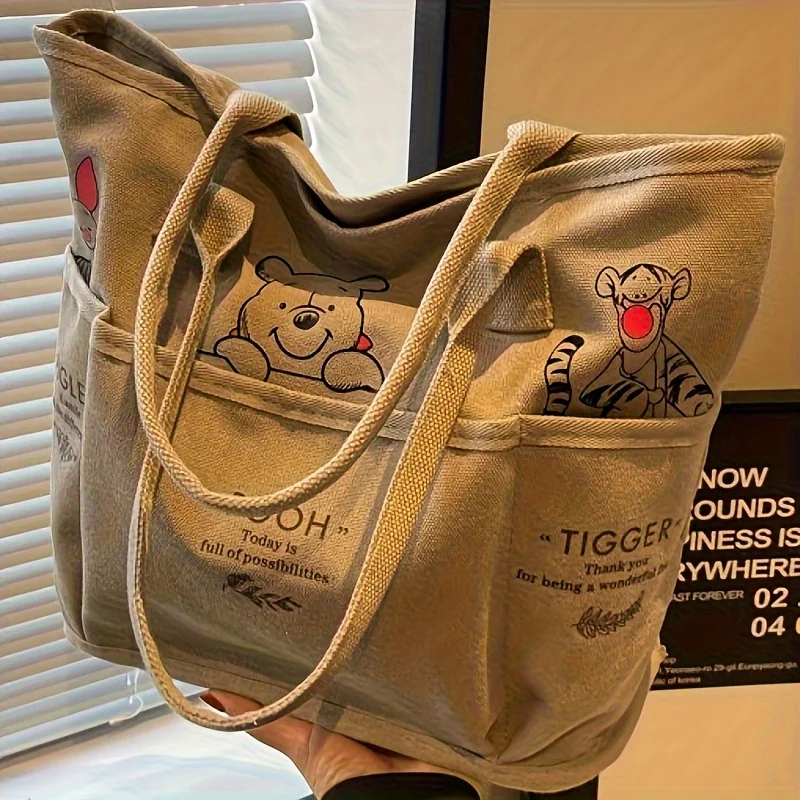 Winnie The Pooh Printed Canvas Tote Bag Retro Shoulder Bag Large Capacity Multi Pocket Light Handbag Student Commuter Bag