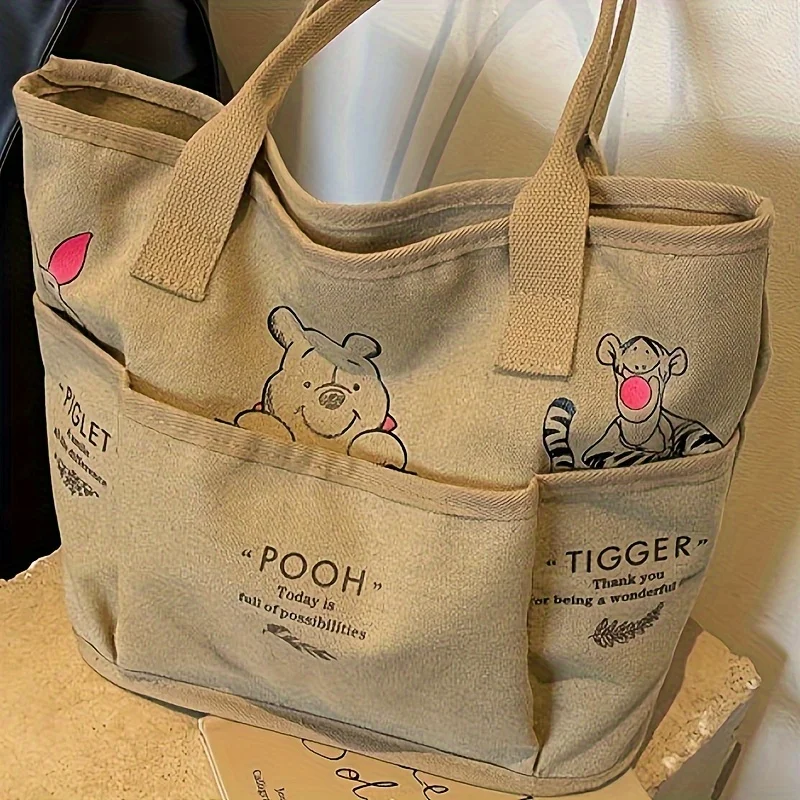 Winnie The Pooh Printed Canvas Tote Bag Retro Shoulder Bag Large Capacity Multi Pocket Light Handbag Student Commuter Bag thumbnail 4