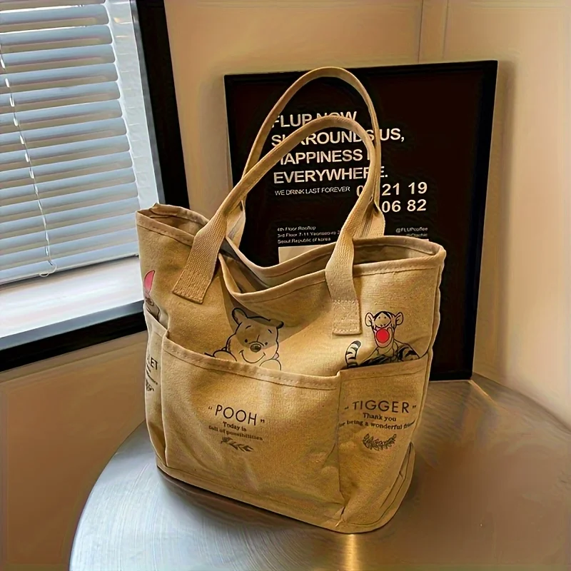 Winnie The Pooh Printed Canvas Tote Bag Retro Shoulder Bag Large Capacity Multi Pocket Light Handbag Student Commuter Bag thumbnail 6