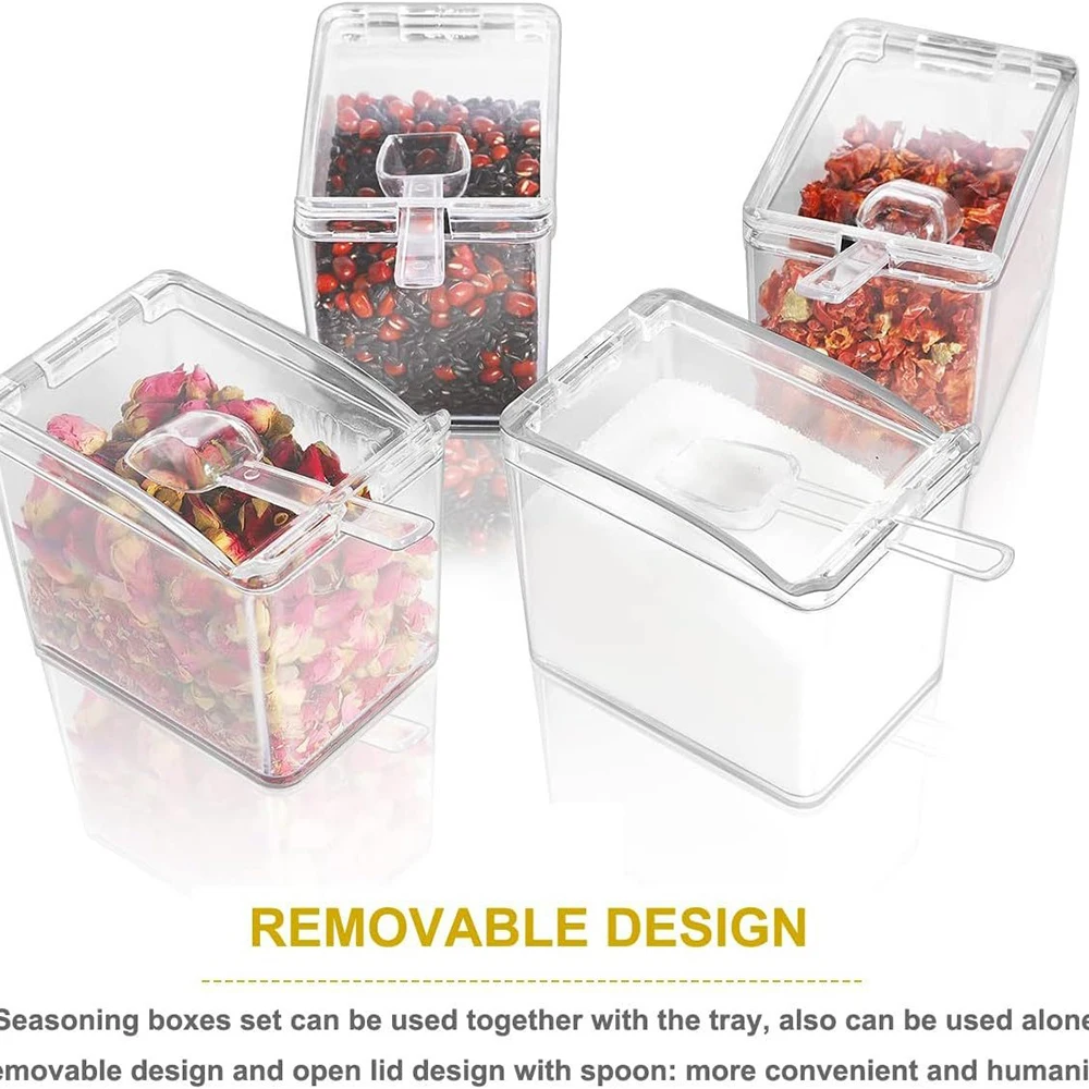 4 Pieces Kitchen Clear Seasoning Box Storage Container Condiment Jars Acrylic Seasoning Box with Cover and Spoon thumbnail 4