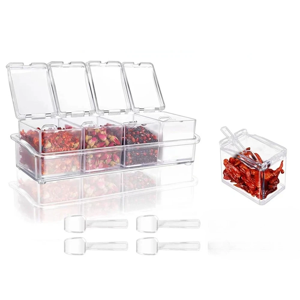 4 Pieces Kitchen Clear Seasoning Box Storage Container Condiment Jars Acrylic Seasoning Box with Cover and Spoon thumbnail 3