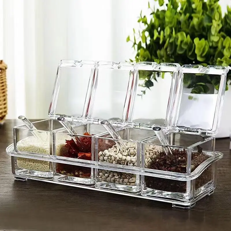 4 Pieces Kitchen Clear Seasoning Box Storage Container Condiment Jars Acrylic Seasoning Box with Cover and Spoon thumbnail 6