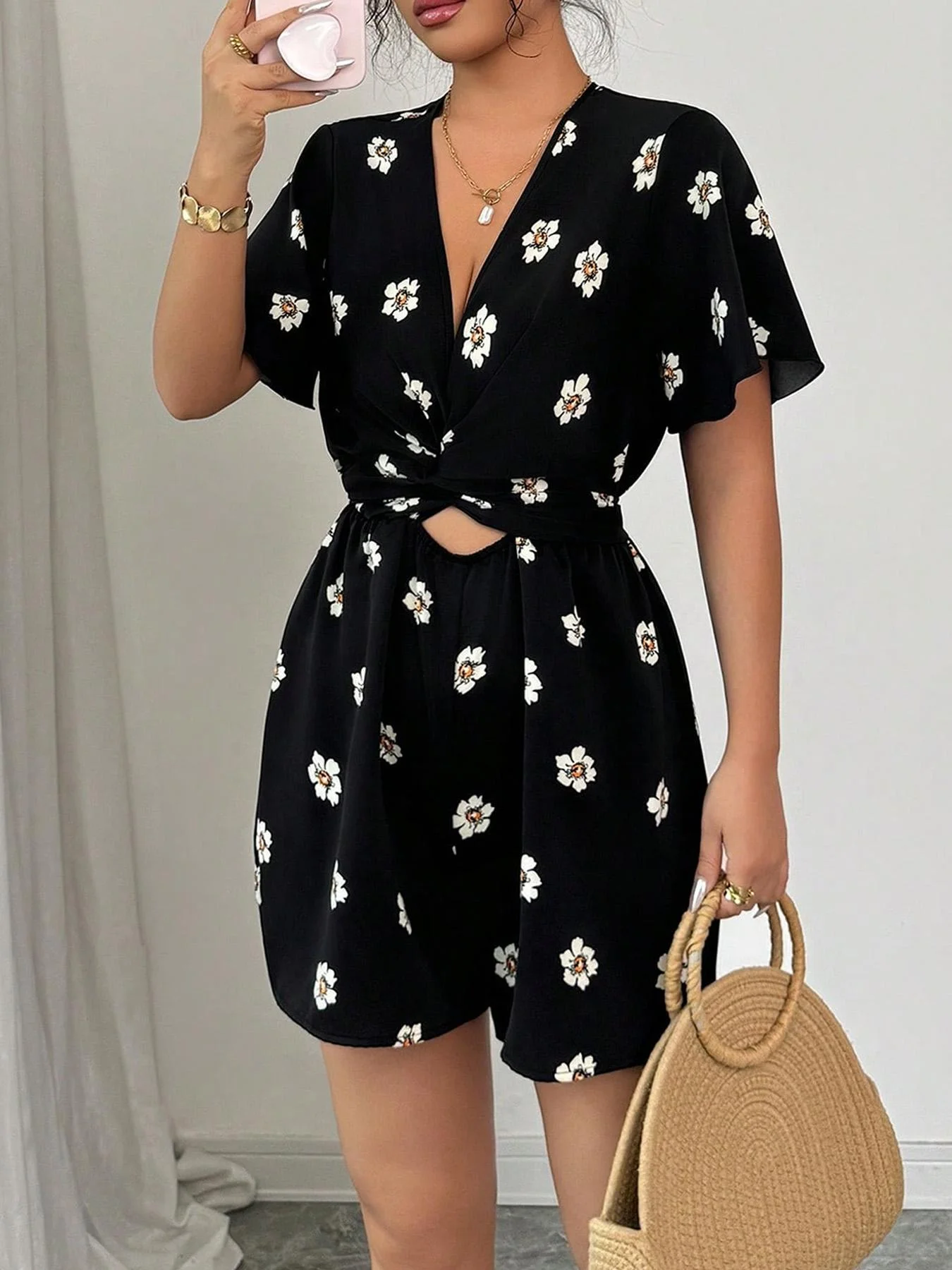 Women's Floral Print Romper, Casual Short Sleeve Romper for Summer, Fashion Women's Clothing for Daily Wear thumbnail 4