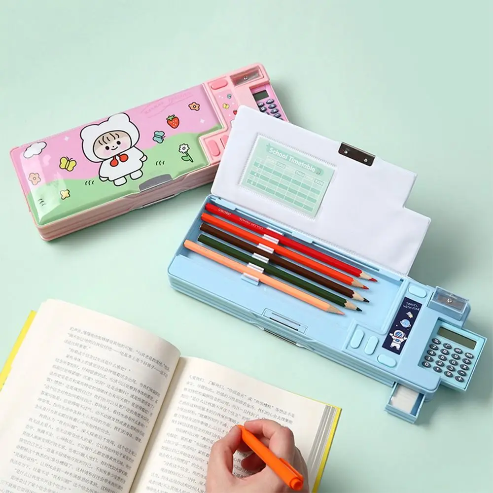 Double Layer Pencil Case Pencil Sharpener With Calculator Stationery Storage Box Plastic Astronaut/Animal Design Pencil Box thumbnail 3