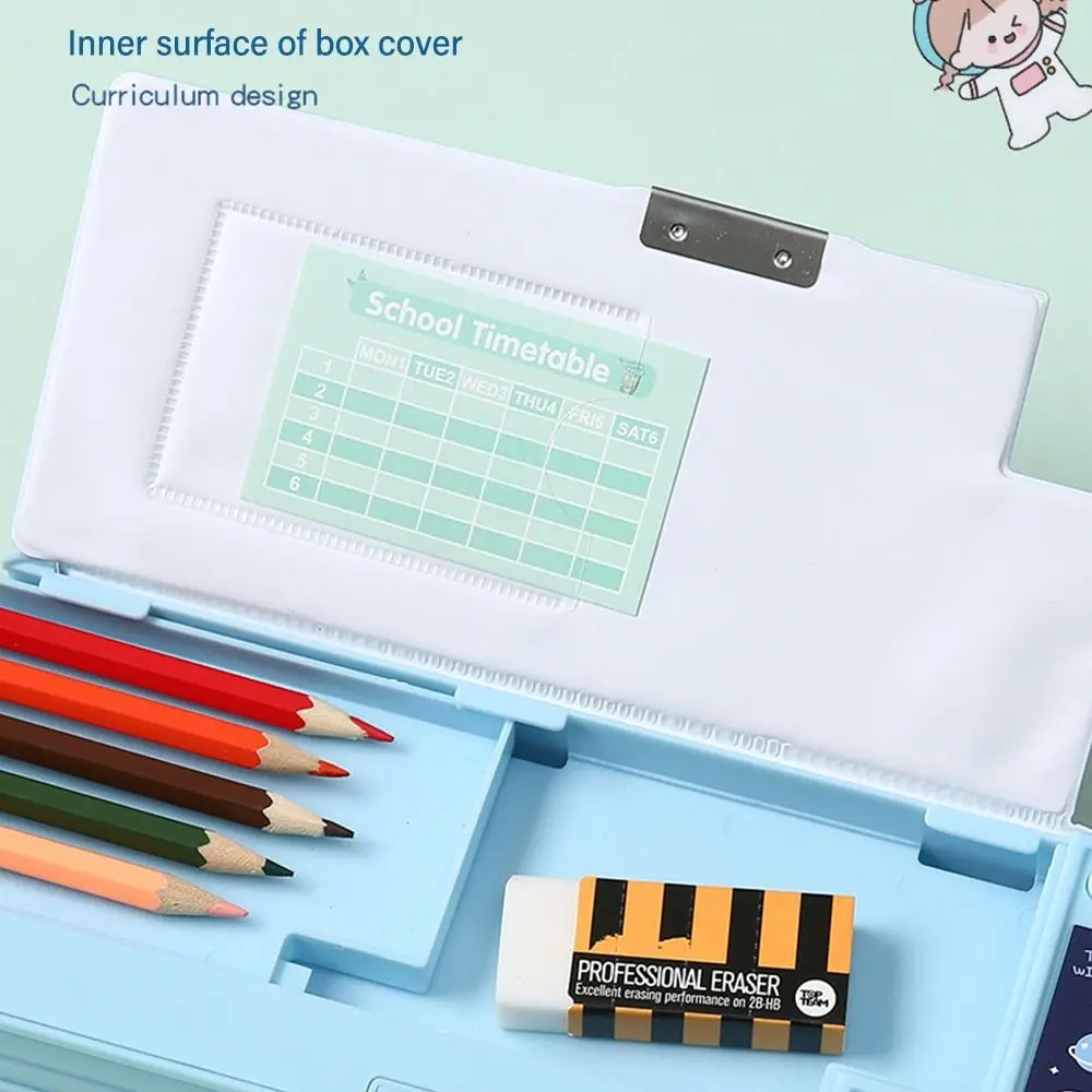Double Layer Pencil Case Pencil Sharpener With Calculator Stationery Storage Box Plastic Astronaut/Animal Design Pencil Box thumbnail 4