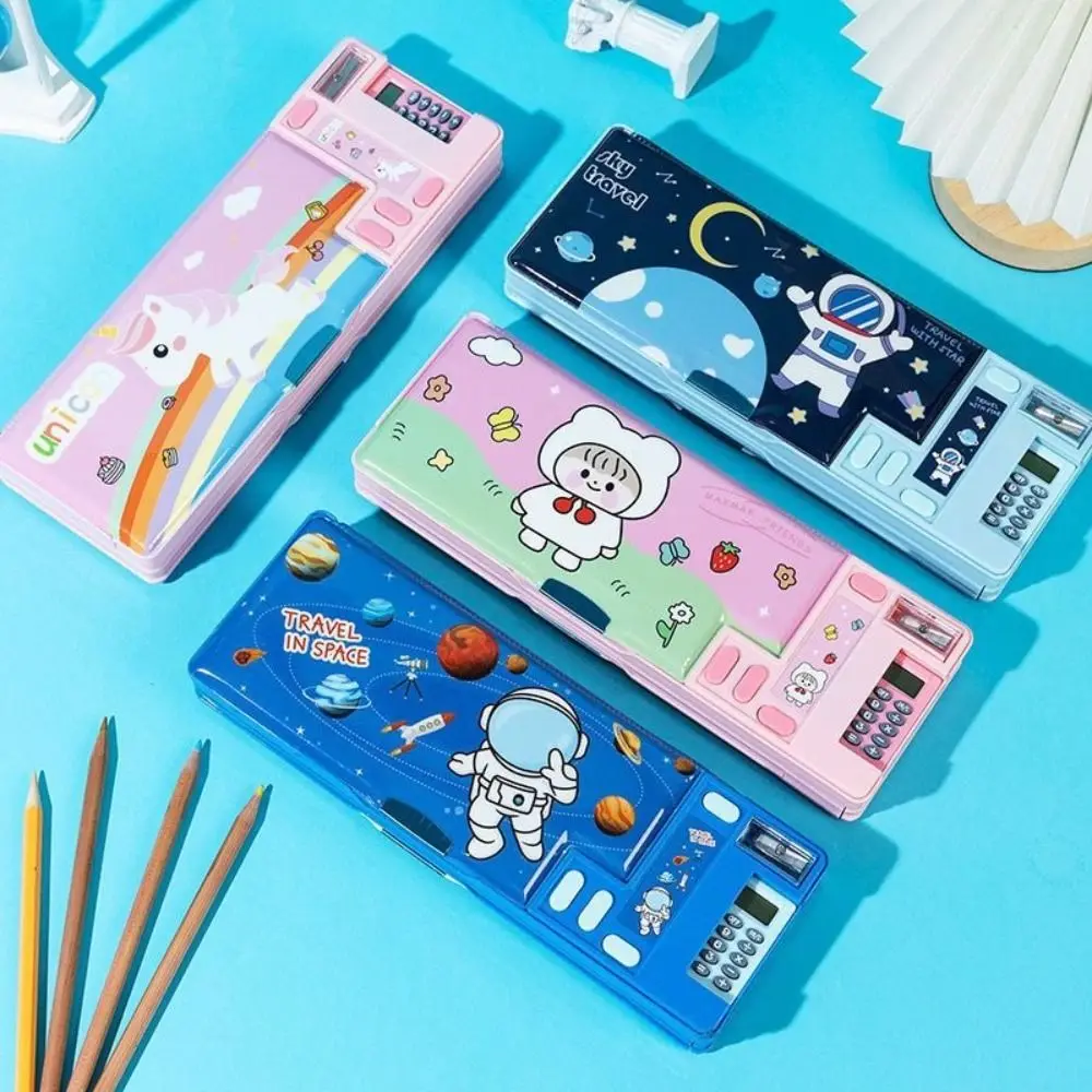 Double Layer Pencil Case Pencil Sharpener With Calculator Stationery Storage Box Plastic Astronaut/Animal Design Pencil Box thumbnail 2
