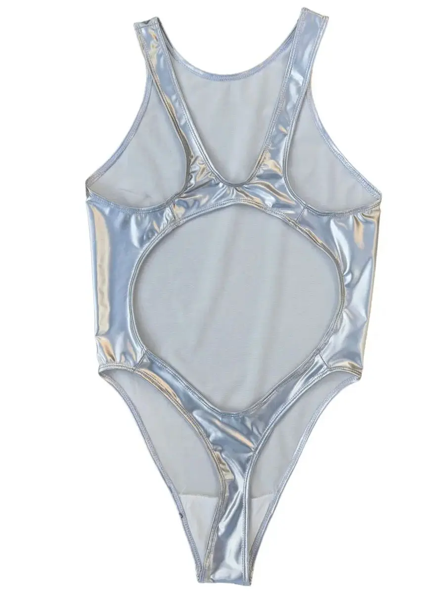 S-3XL Wet Look PVC Catsuit Swimsuit Shiny PU Leather Bodysuit Hollow Out Backless High Cut Sukumizu Tights Hot Sexy Body Teddies thumbnail 2