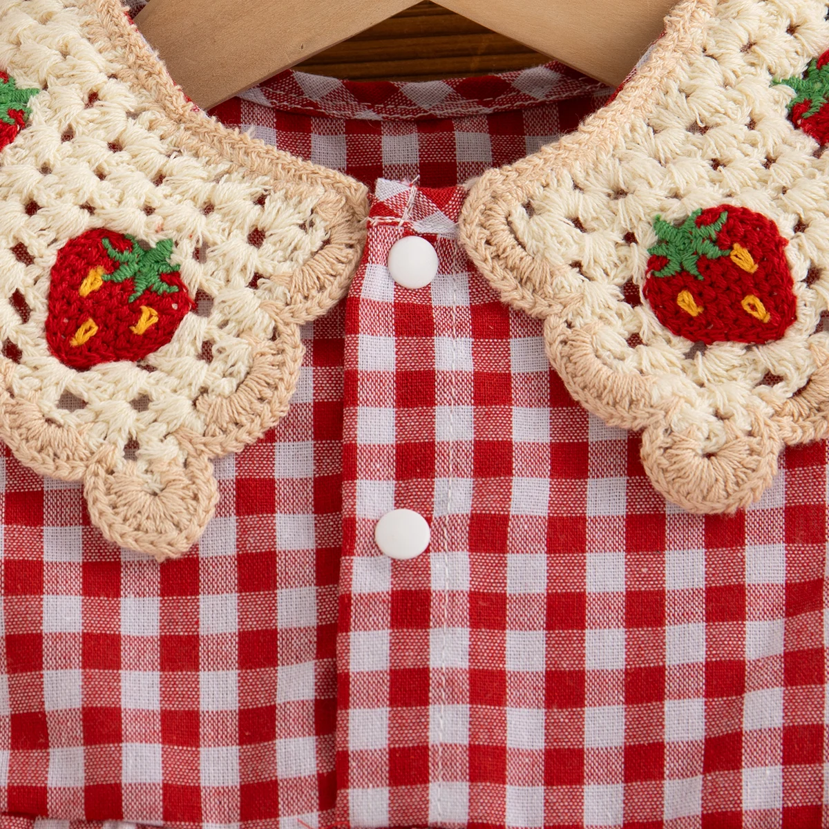 Baby Girl Dress Summer Red Checkered Cotton Girl Dress Cute Strawberry Lapel Girl Beach Dress thumbnail 5