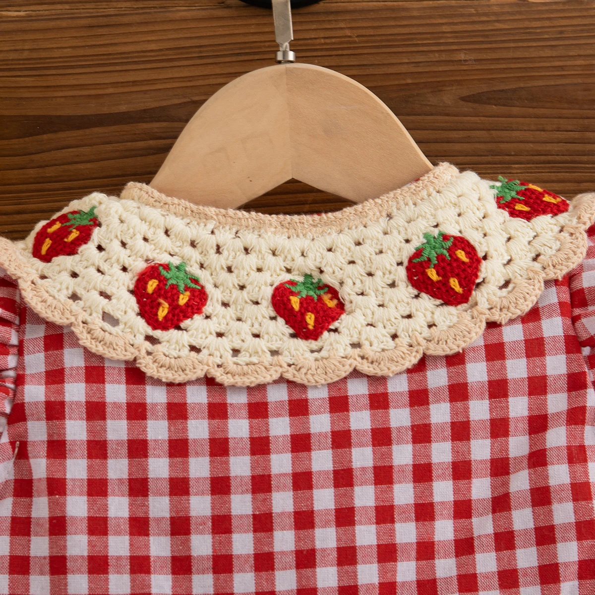 Baby Girl Dress Summer Red Checkered Cotton Girl Dress Cute Strawberry Lapel Girl Beach Dress thumbnail 4