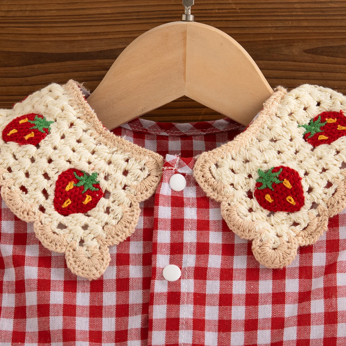 Baby Girl Dress Summer Red Checkered Cotton Girl Dress Cute Strawberry Lapel Girl Beach Dress thumbnail 3