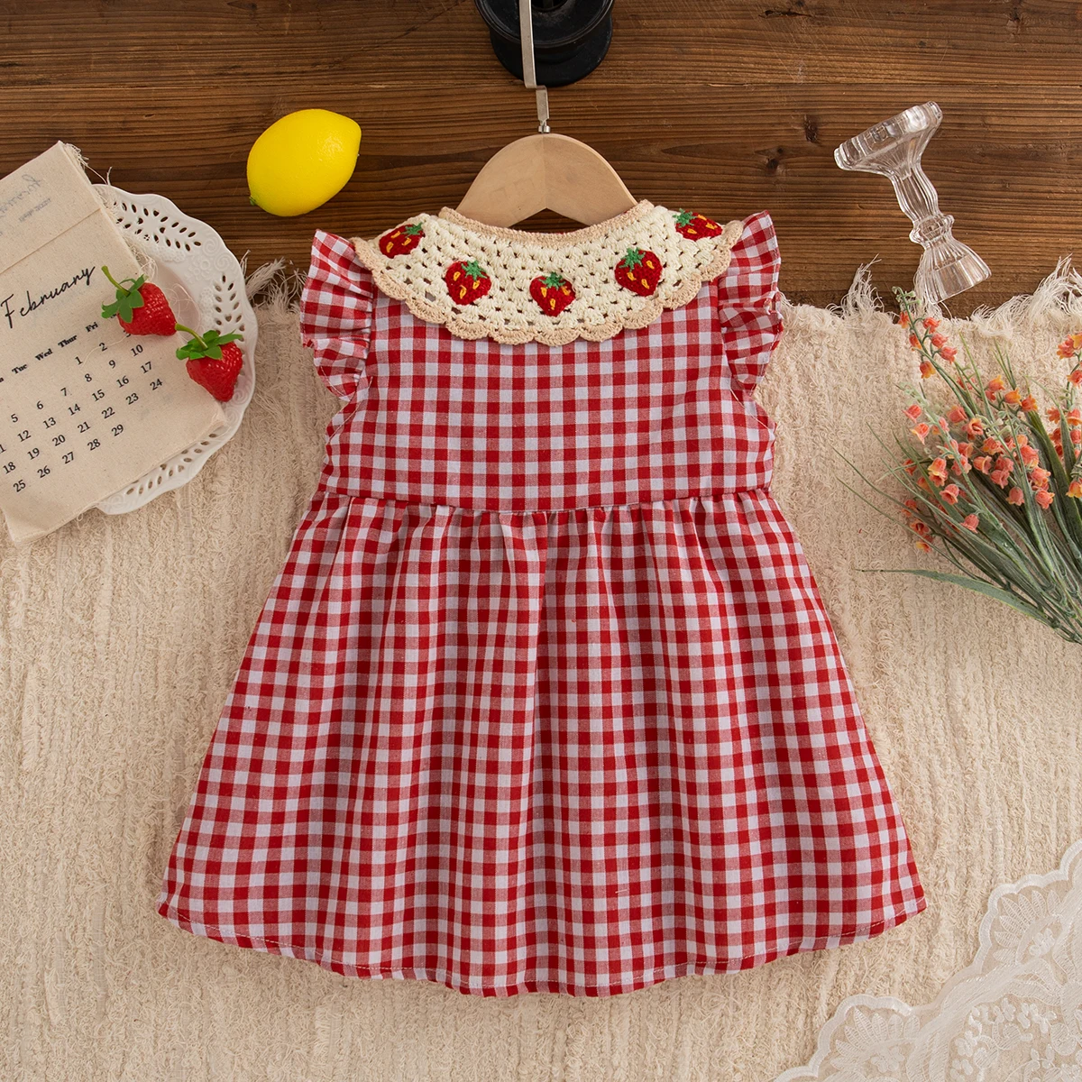 Baby Girl Dress Summer Red Checkered Cotton Girl Dress Cute Strawberry Lapel Girl Beach Dress thumbnail 2