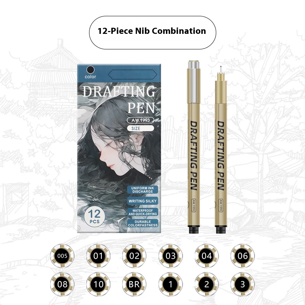 1/6/9/12 Pcs Manga Black Fineliner Marlers Various Pen Nibs For Sketch Architectural Drawing Comic Painting Art School Supplies thumbnail 6