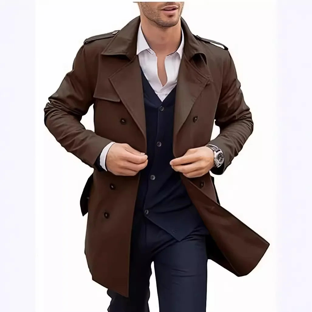 Solid Trench Men Double Breasted Jackets Spliced Coat Long Sleeve Outerwear Loose Cardigan Casual Loose Fit 2025 Pockets thumbnail 2