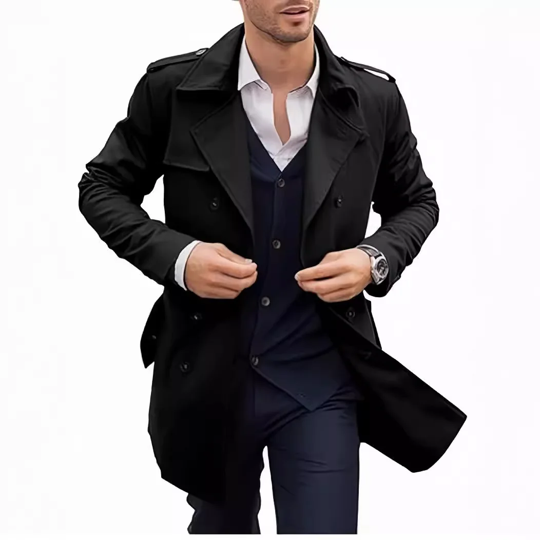Solid Trench Men Double Breasted Jackets Spliced Coat Long Sleeve Outerwear Loose Cardigan Casual Loose Fit 2025 Pockets thumbnail 3
