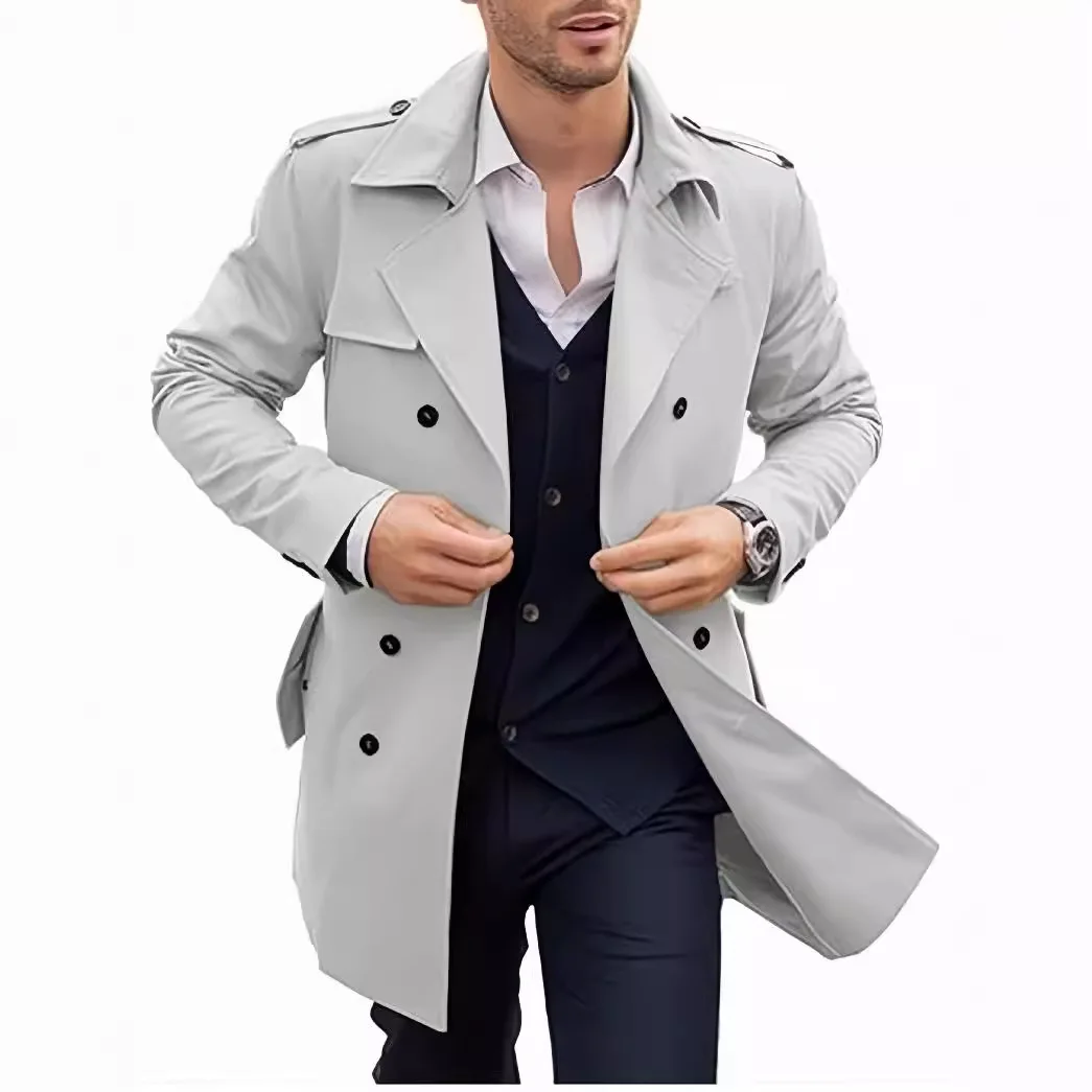 Solid Trench Men Double Breasted Jackets Spliced Coat Long Sleeve Outerwear Loose Cardigan Casual Loose Fit 2025 Pockets thumbnail 5