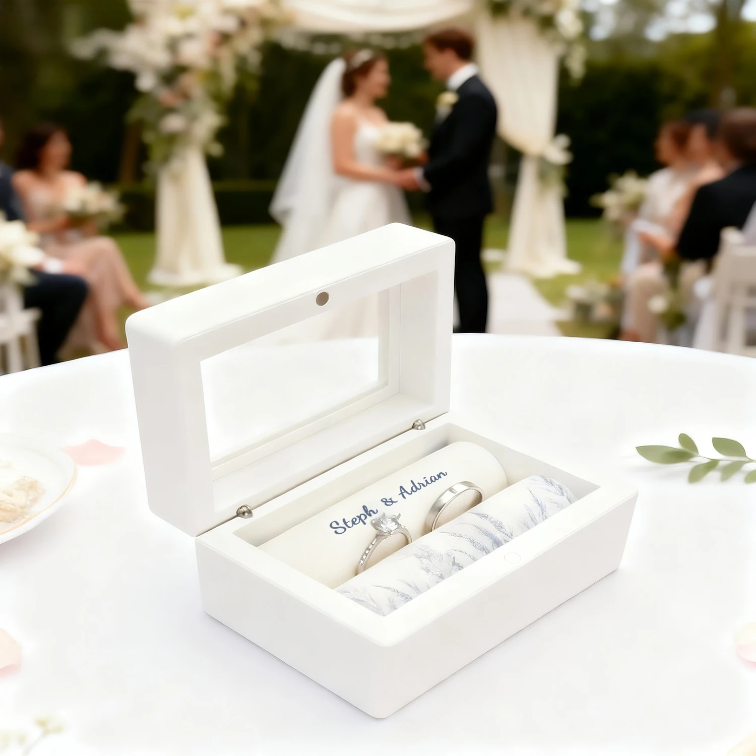 Personalized Wedding Ring Box Holder  Custom Wedding Ceremony Ring Box White Customised Name Ring box personalized high quality thumbnail 2