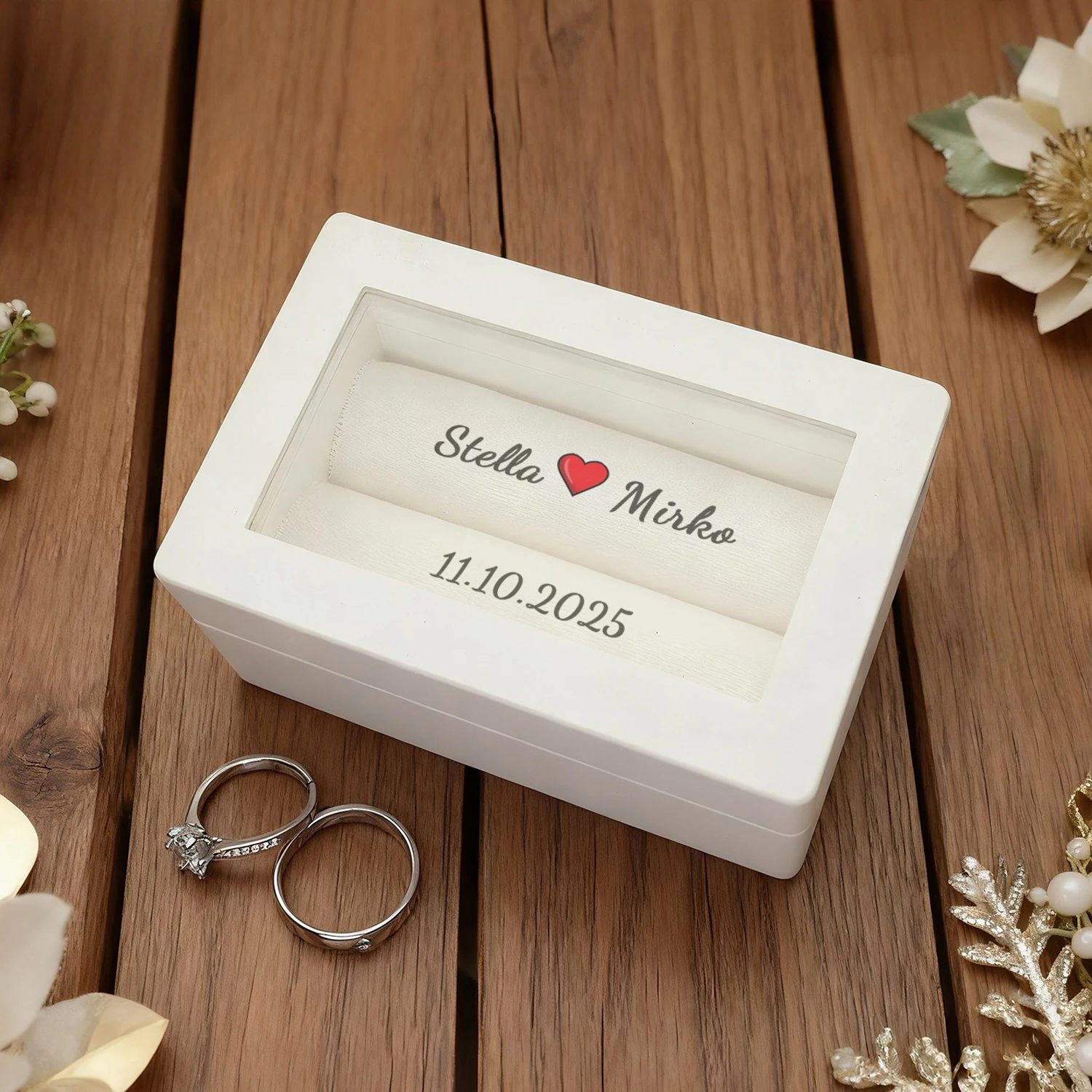 Personalized Wedding Ring Box Holder  Custom Wedding Ceremony Ring Box White Customised Name Ring box personalized high quality thumbnail 3