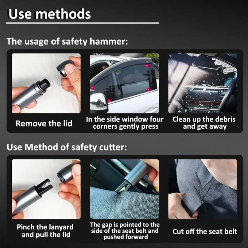 2 in 1 Car Safety Hammer Emergency Escape Tool Tungsten Steel Tip Glass Breaker Seatbelt Cutter Auto Emergency Rescue Kit thumbnail 6