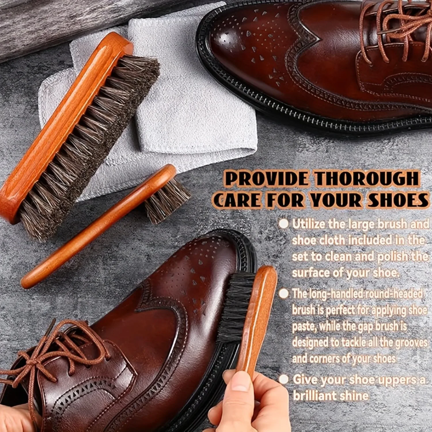 2pcs Horsehair Shine Shoes Brush Kit Polish Dauber Applicators Cleaning Leather Shoes Boots Care Brushes Suede Cleaner Brush thumbnail 3