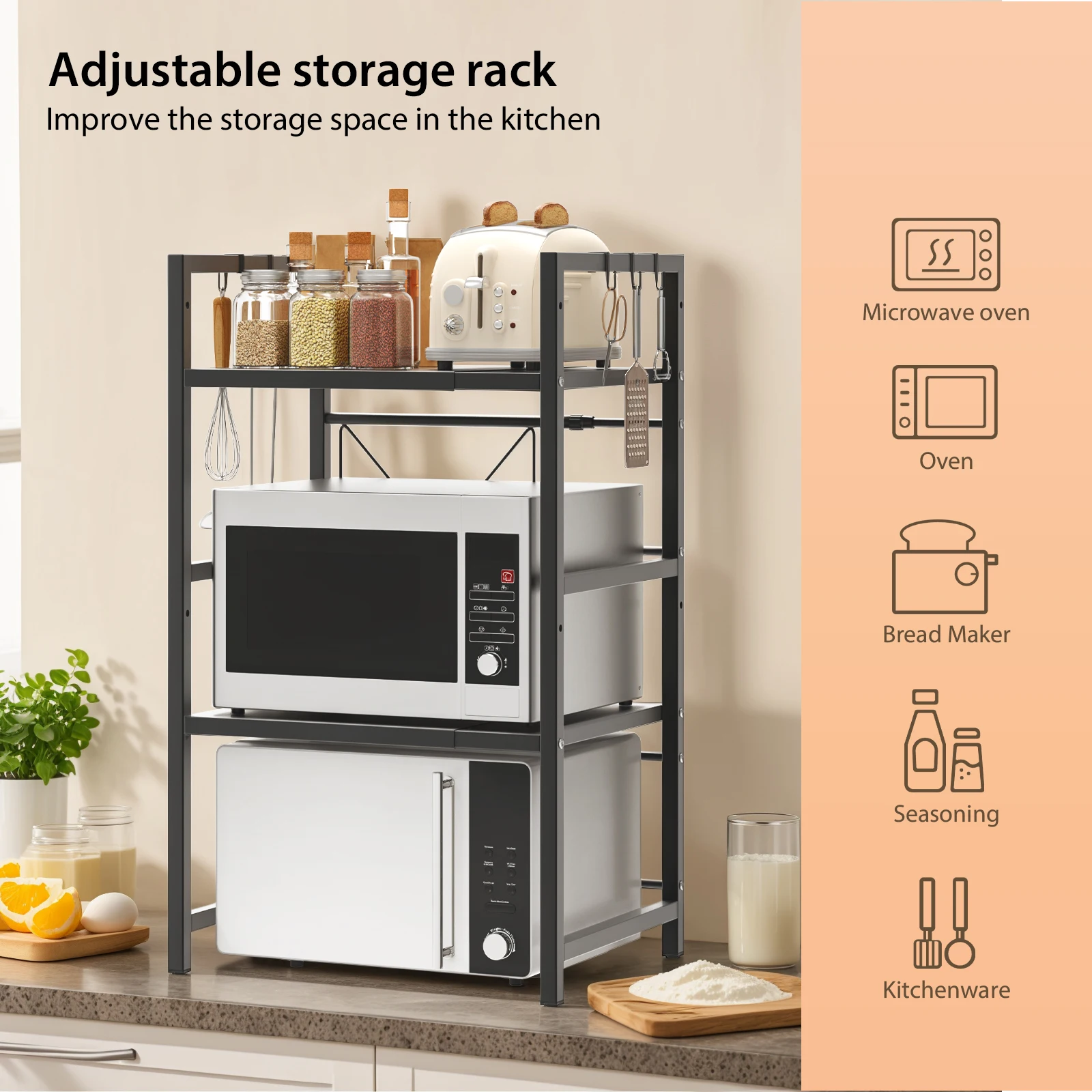 Expandable Microwave Shelf, 1 or 2 Tier Microwave oven Rack Stand Storage Holder Kitchen Corner Shelf Desktop Printer Shelf Rack thumbnail 3