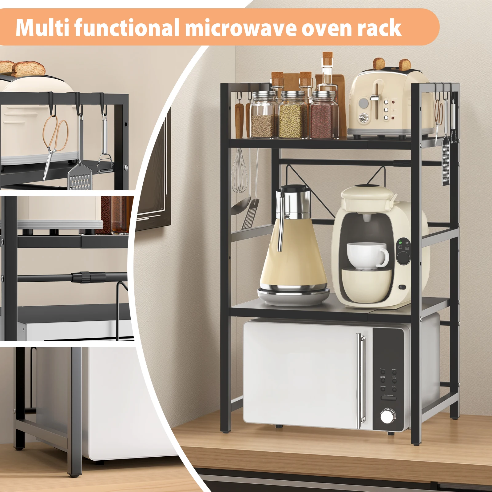 Expandable Microwave Shelf, 1 or 2 Tier Microwave oven Rack Stand Storage Holder Kitchen Corner Shelf Desktop Printer Shelf Rack thumbnail 4