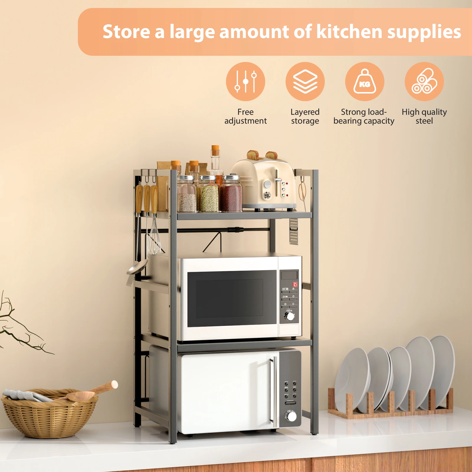Expandable Microwave Shelf, 1 or 2 Tier Microwave oven Rack Stand Storage Holder Kitchen Corner Shelf Desktop Printer Shelf Rack thumbnail 2