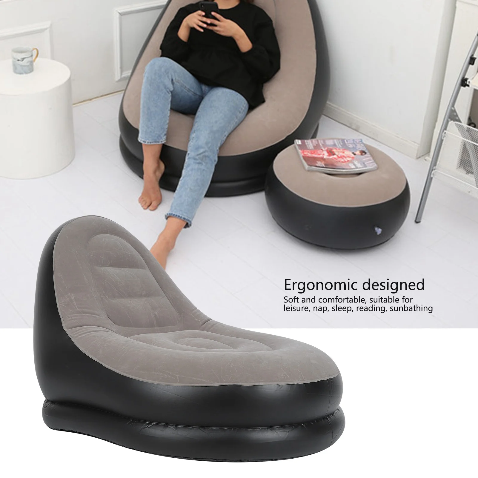 Modern Inflatable Folding Recliner Sofa Chair with Footstool for Living Room Balcony Garden thumbnail 5