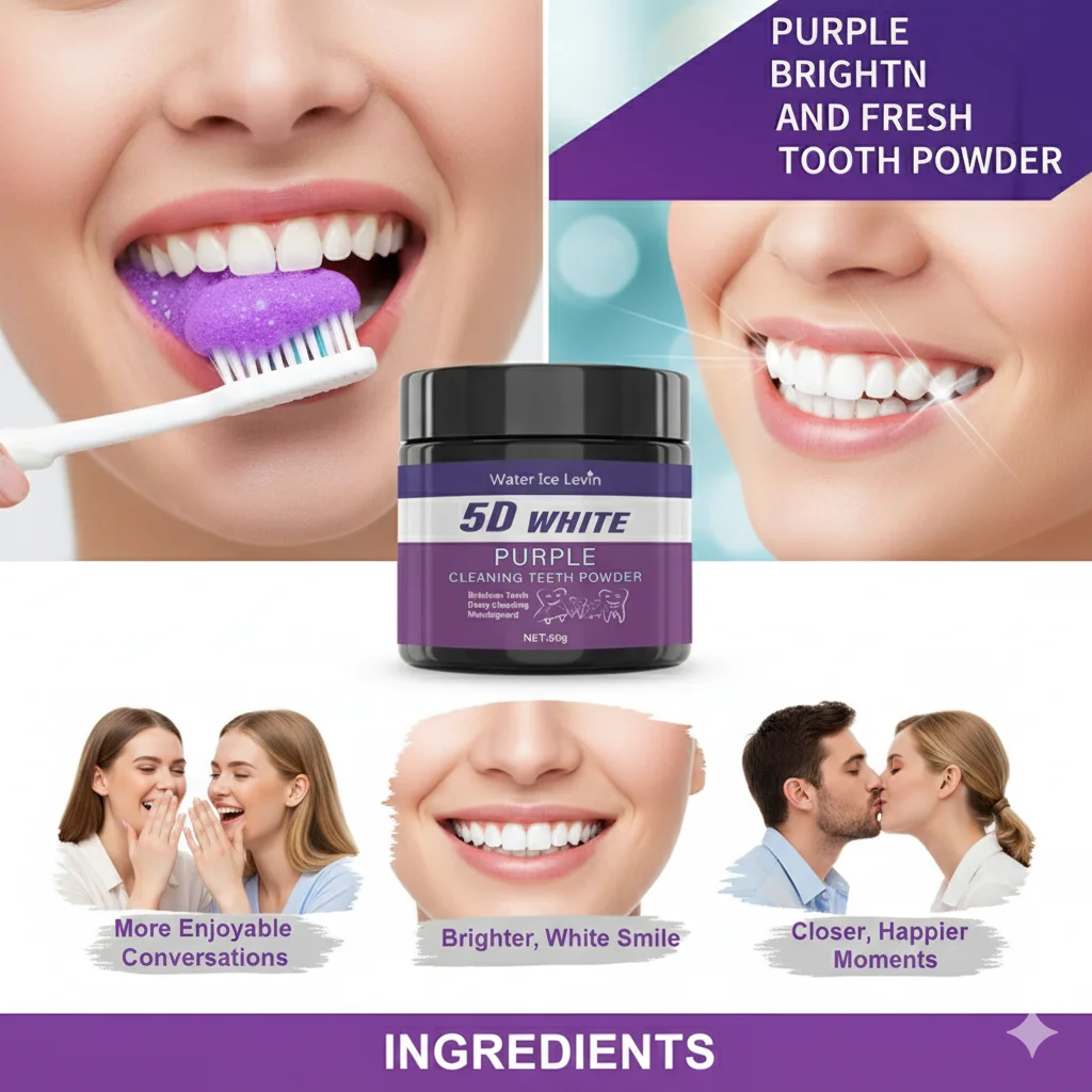 Purple Teeth Whitening Powder - Charcoal Deep Clean & Stain Removal, Fresh Breath, Winter Oral Care for a Brighter Smile thumbnail 2