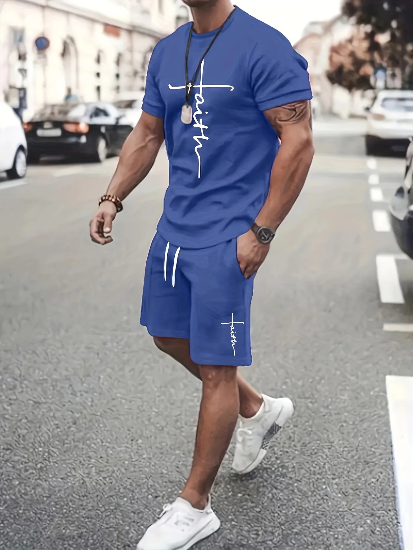 Men's Set Stylish Men's Cross Print Short-Sleeve Shirt & Shorts Two-Piece Set Relaxed Fit Streetwear Athletic Mens Plus Size Set thumbnail 3