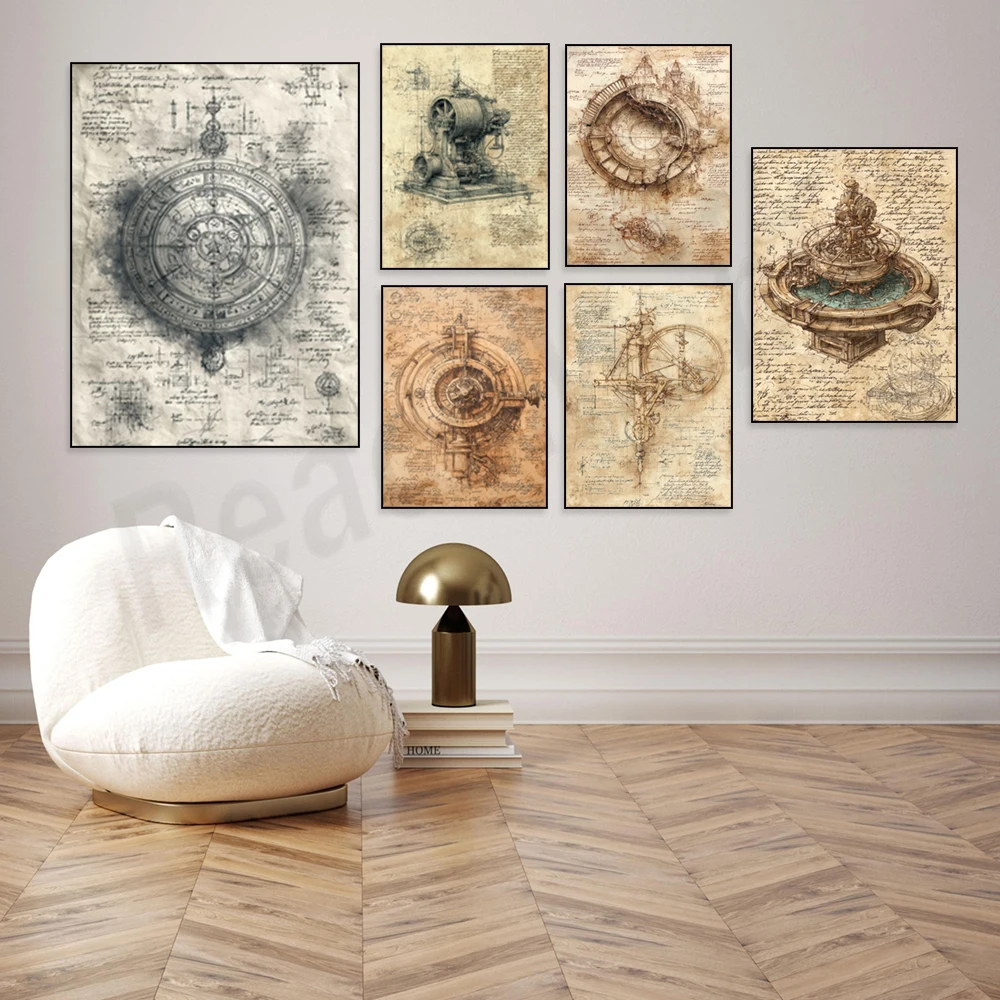 Leonardo da Vinci mechanical sketch print, vintage mechanical invention sketch canvas print, dark school wall decor poster thumbnail 3
