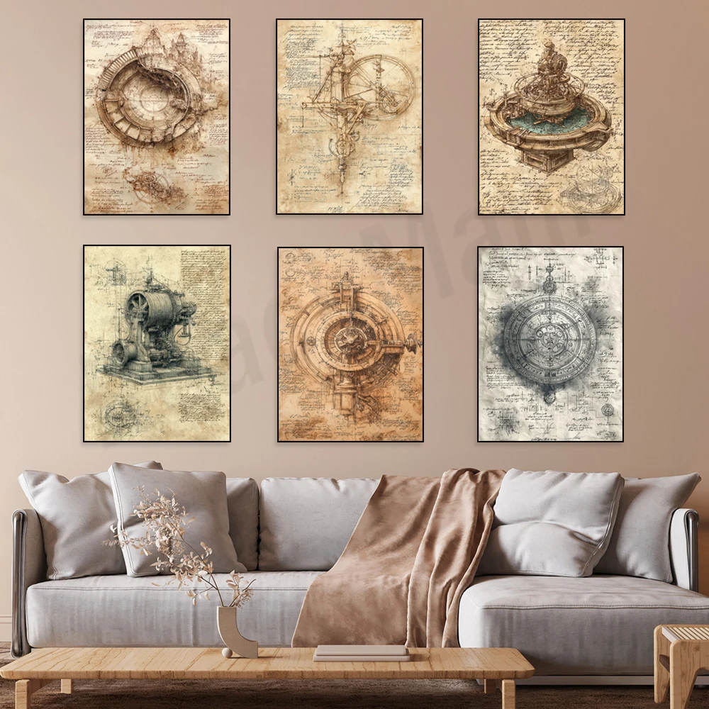 Leonardo da Vinci mechanical sketch print, vintage mechanical invention sketch canvas print, dark school wall decor poster thumbnail 2