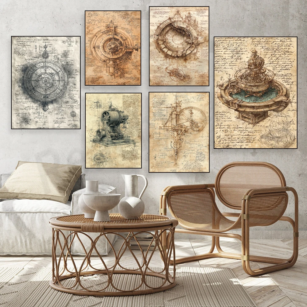 Leonardo da Vinci mechanical sketch print, vintage mechanical invention sketch canvas print, dark school wall decor poster thumbnail 4