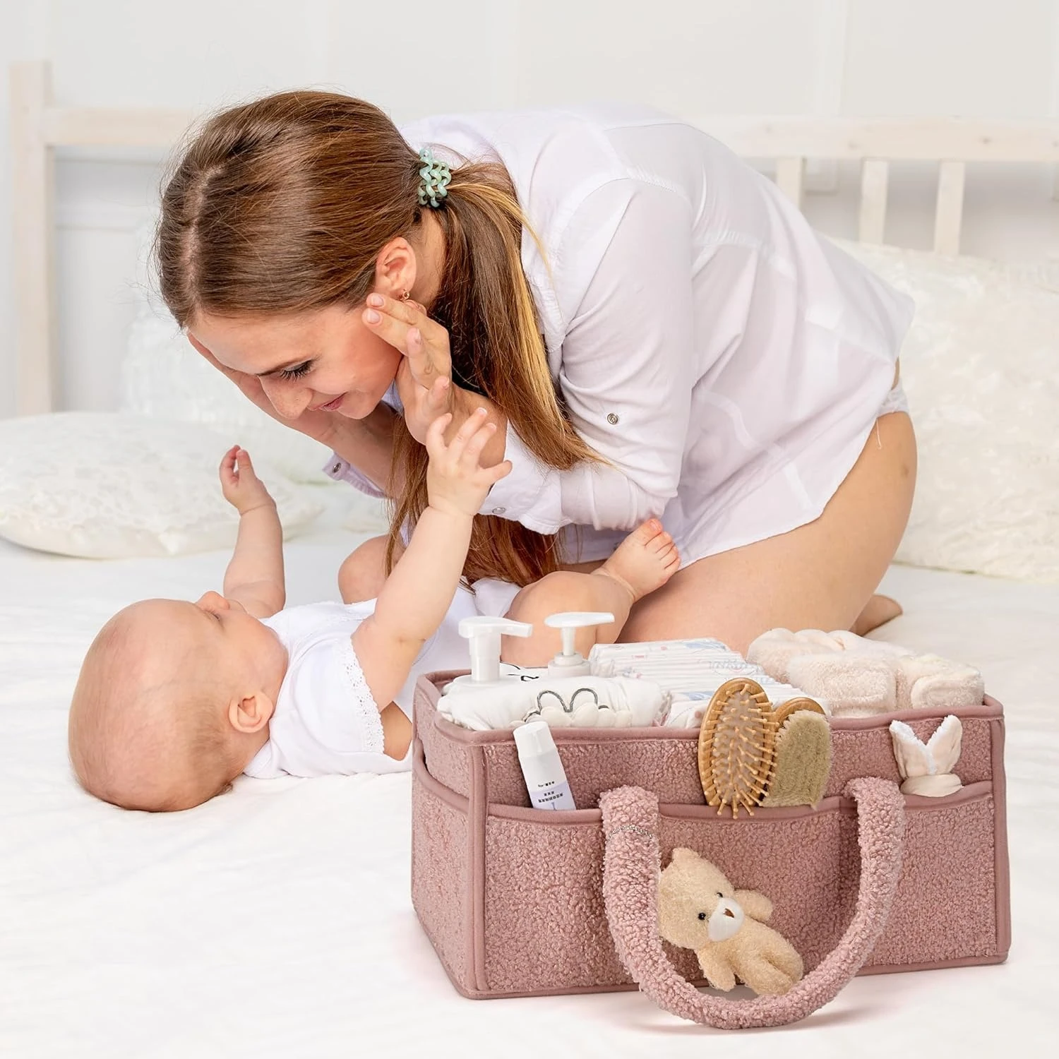 Baby Diaper Caddy Organizer for Changing Table, Plush Diaper Stackers & Caddies Diaper Bag with Teddy Bear,Diaper Storage Basket thumbnail 4