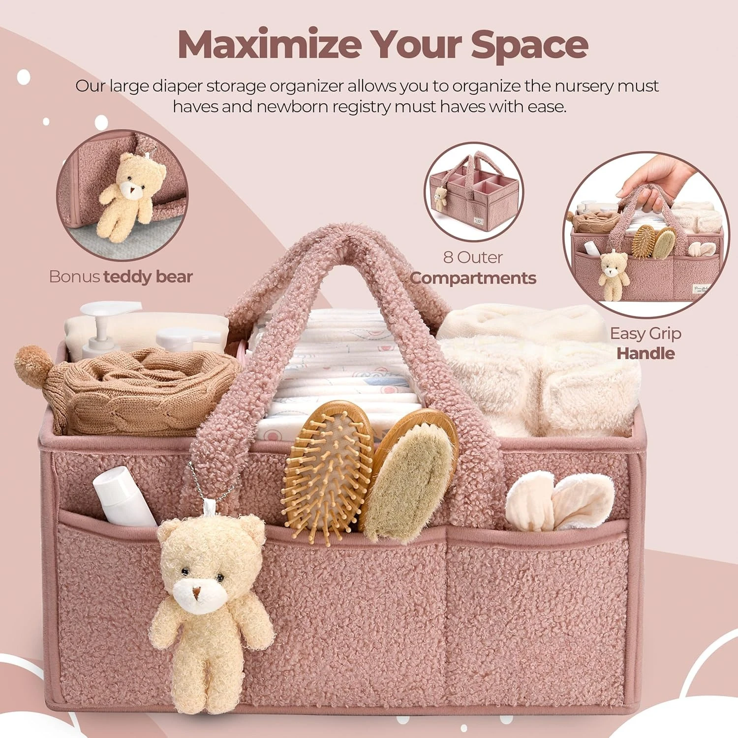 Baby Diaper Caddy Organizer for Changing Table, Plush Diaper Stackers & Caddies Diaper Bag with Teddy Bear,Diaper Storage Basket thumbnail 5