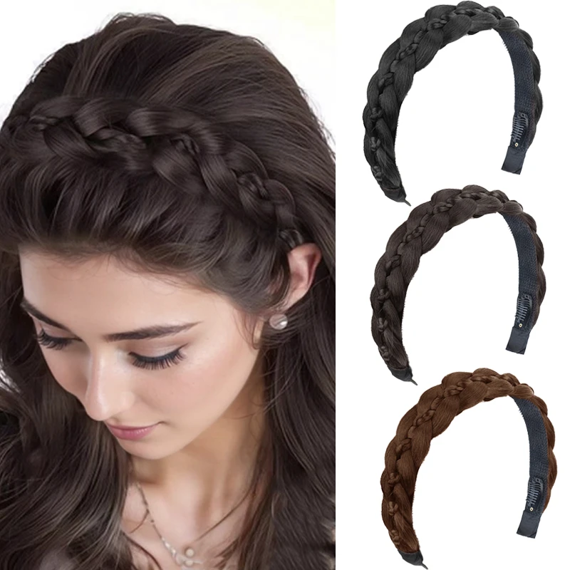 Synthetic Wig Braided Headband Adjustable Hoop Hairband with BB Clips&Velcro Fashion Hair Accessories Suitable for All Occasions